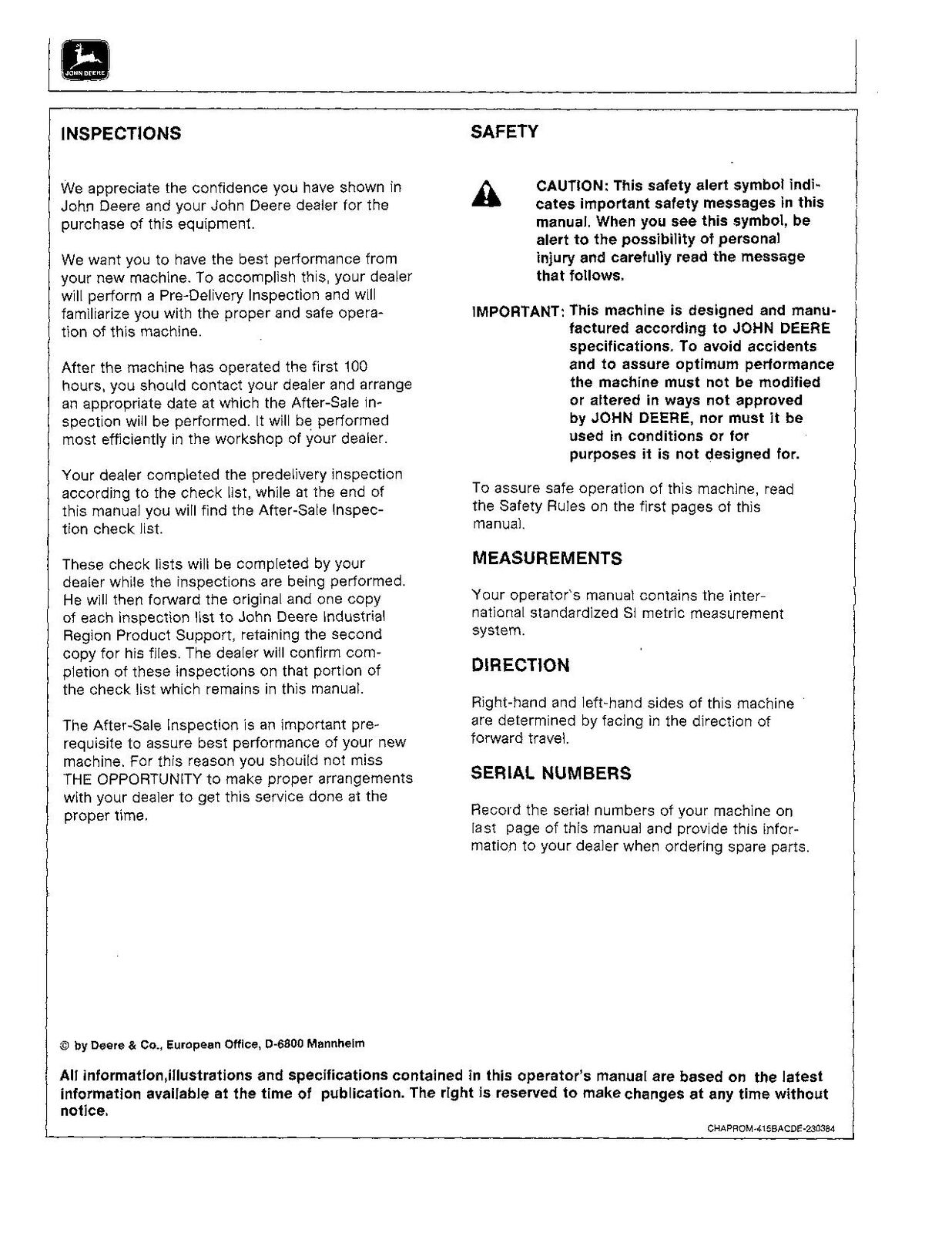 JOHN DEERE 415B 515B BAGGERBAGGER – BEDIENUNGSANLEITUNG 