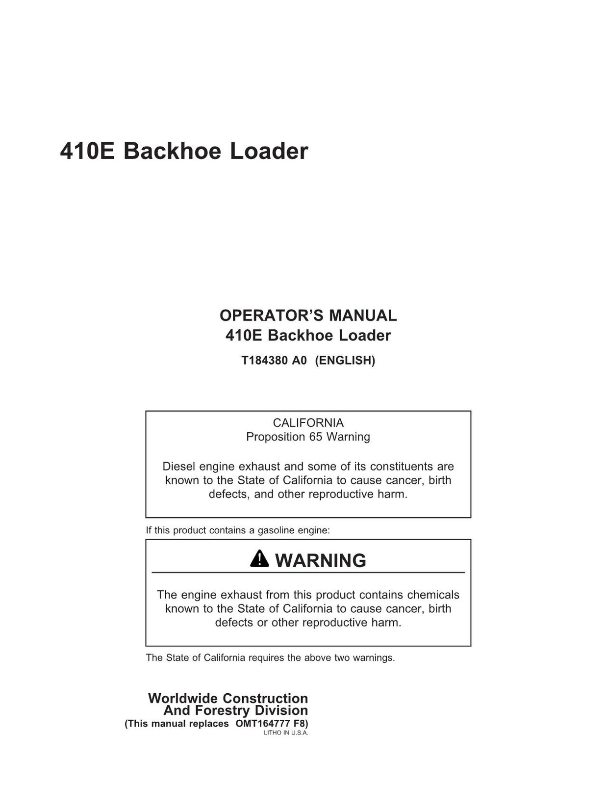 JOHN DEERE 410E BACKHOE OPERATORS MANUAL