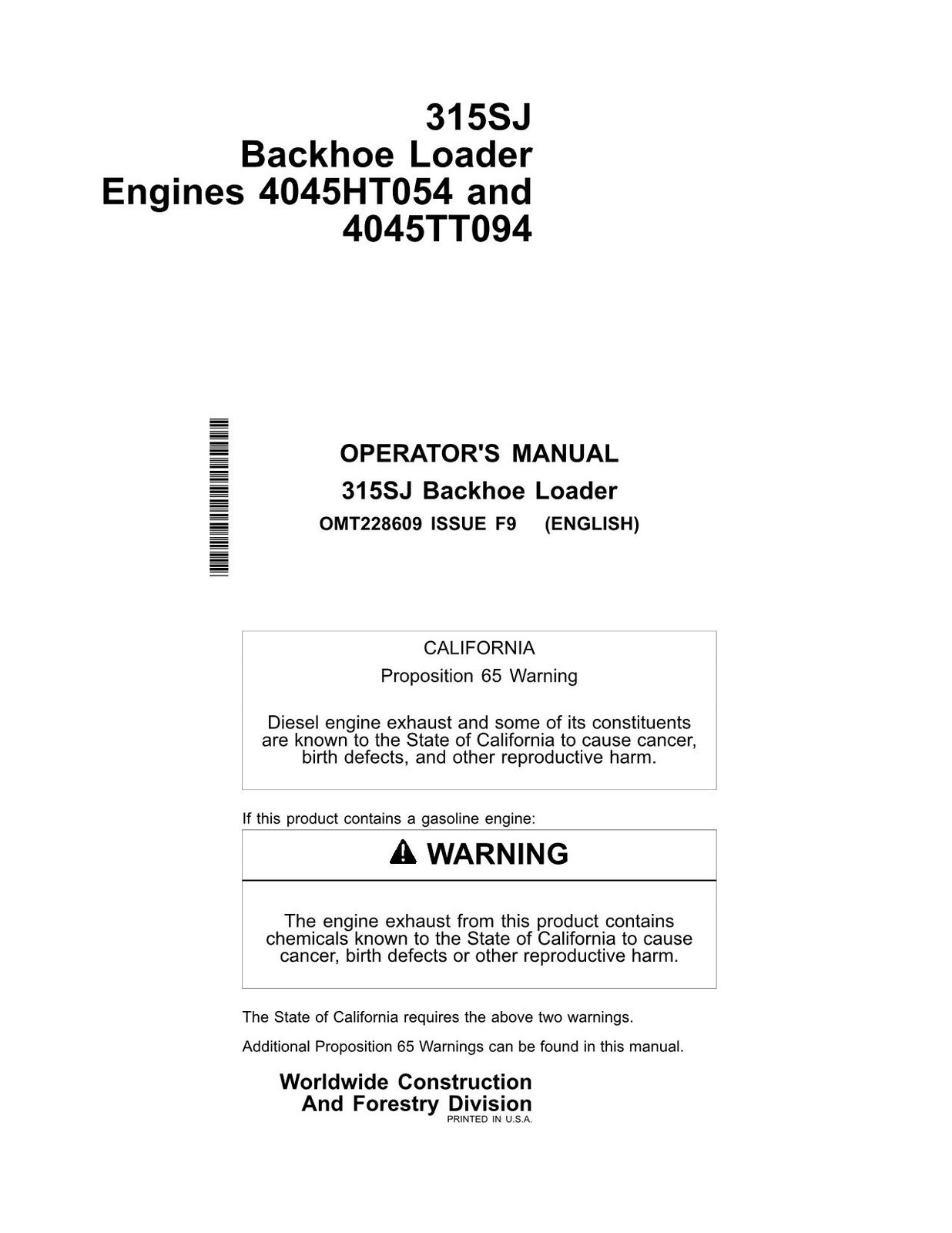 JOHN DEERE 315SJ BACKHOE OPERATORS MANUAL