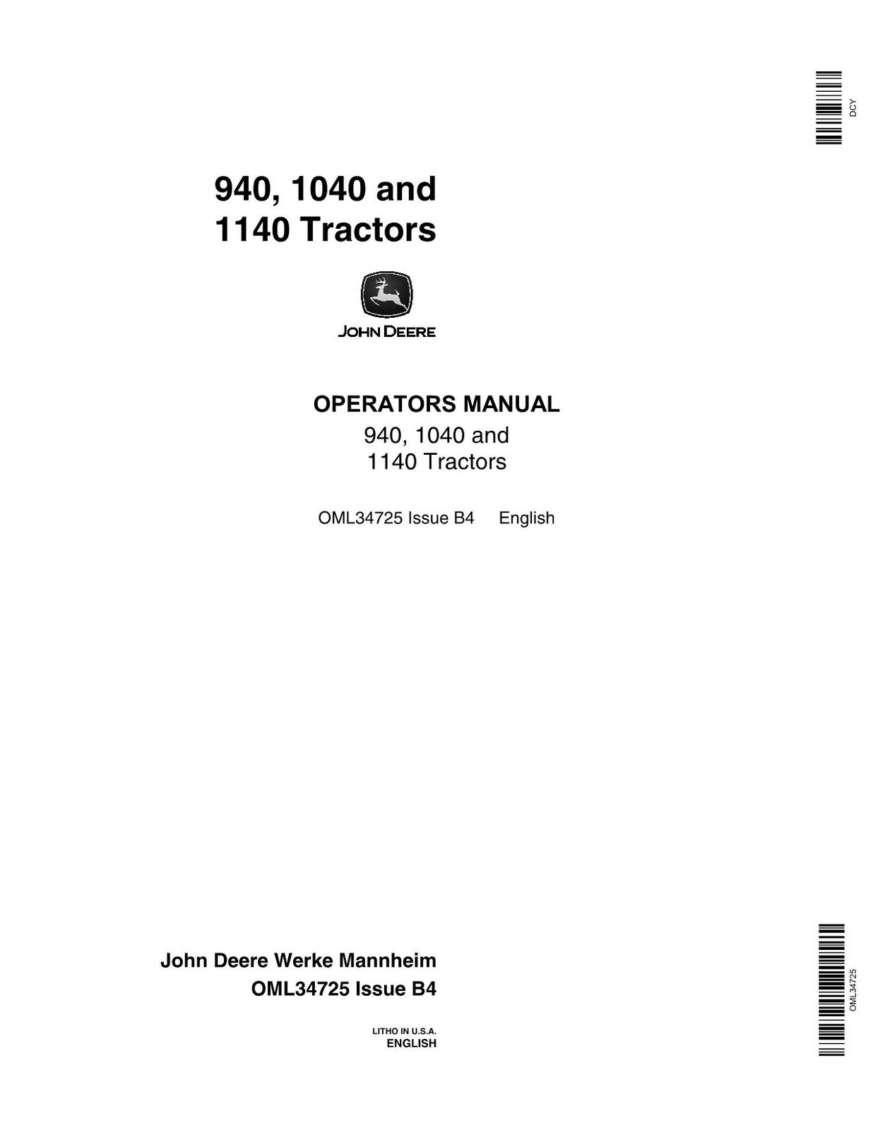 JOHN DEERE 940 1140 1040 TRACTOR OPERATORS MANUAL