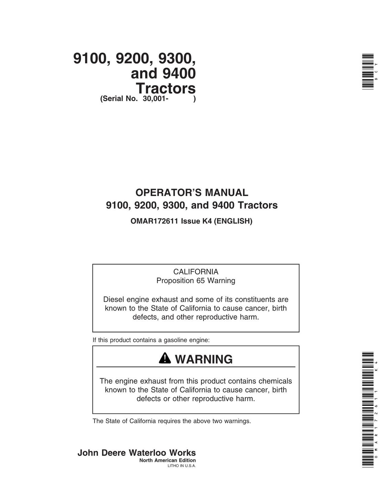 JOHN DEERE 9100 9200 9300 9400 TRACTOR OPERATORS MANUAL #1