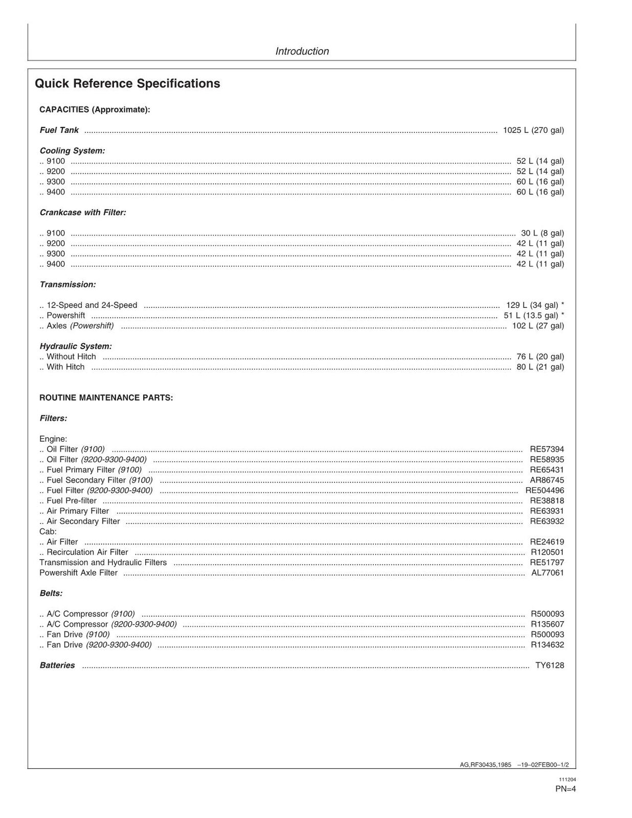 JOHN DEERE 9100 9200 9300 9400 TRAKTOR-BETRIEBSHANDBUCH Nr. 1