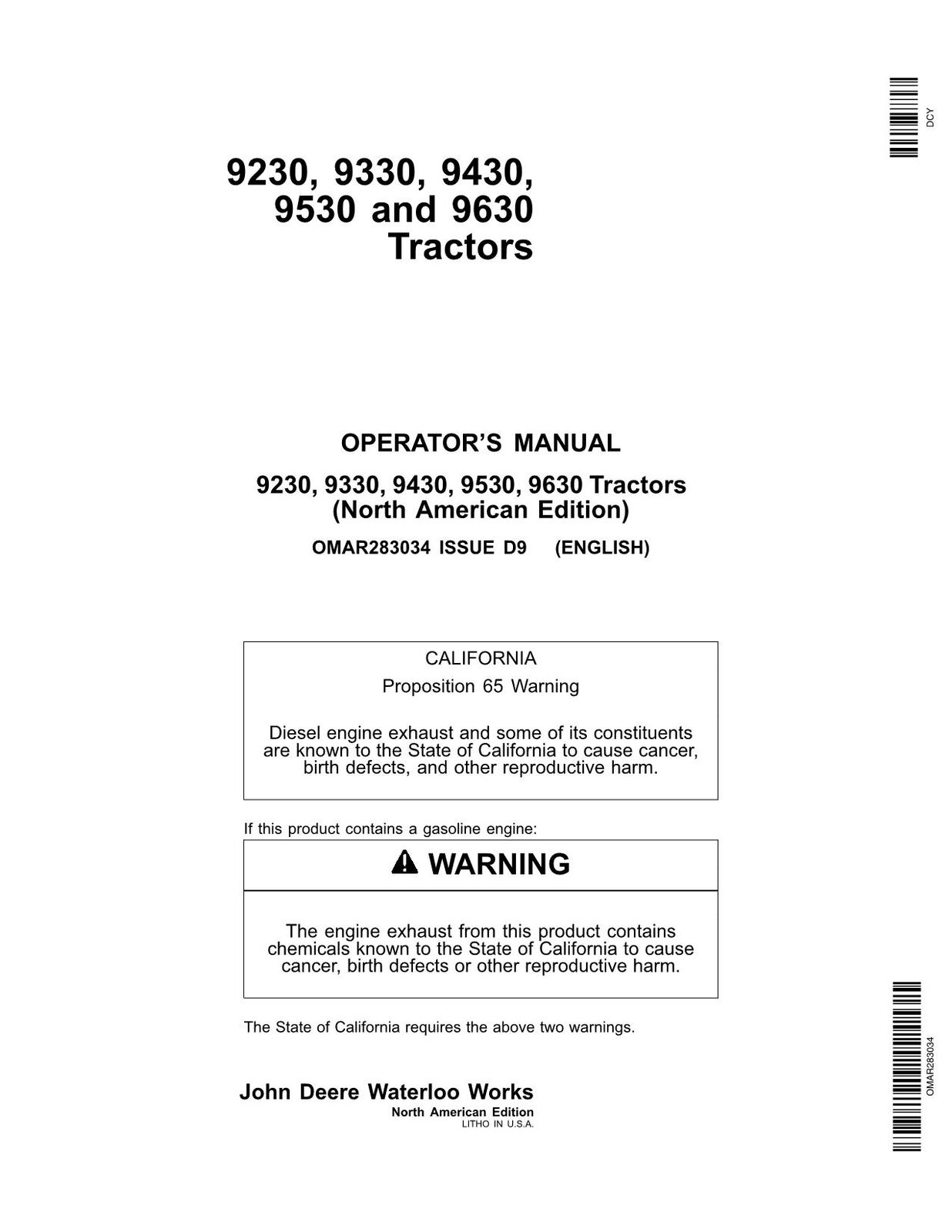 JOHN DEERE 9230 9330 9430 9530 9630 TRACTOR OPERATORS MANUAL #1