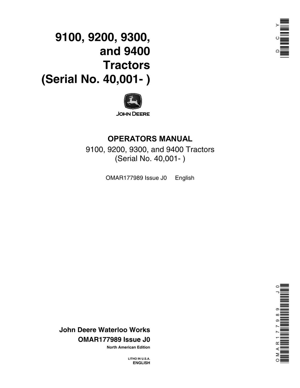 JOHN DEERE 9100 9200 9400 9300 TRACTOR OPERATORS MANUAL