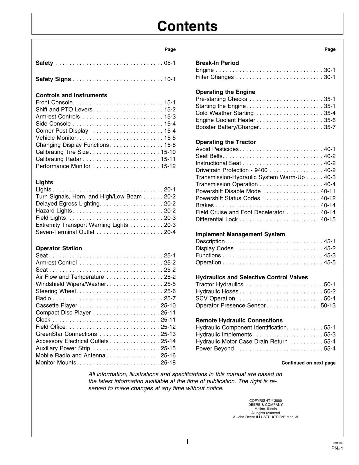 JOHN DEERE 9100 9200 9400 9300 TRACTOR OPERATORS MANUAL