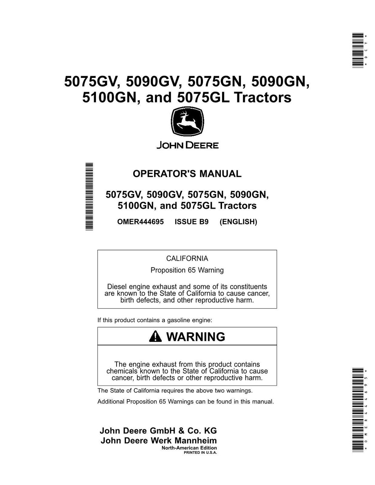 JOHN DEERE 5075GL  5075GN  5075GV  5090GN  5090GV  TRACTOR OPERATORS MANUAL