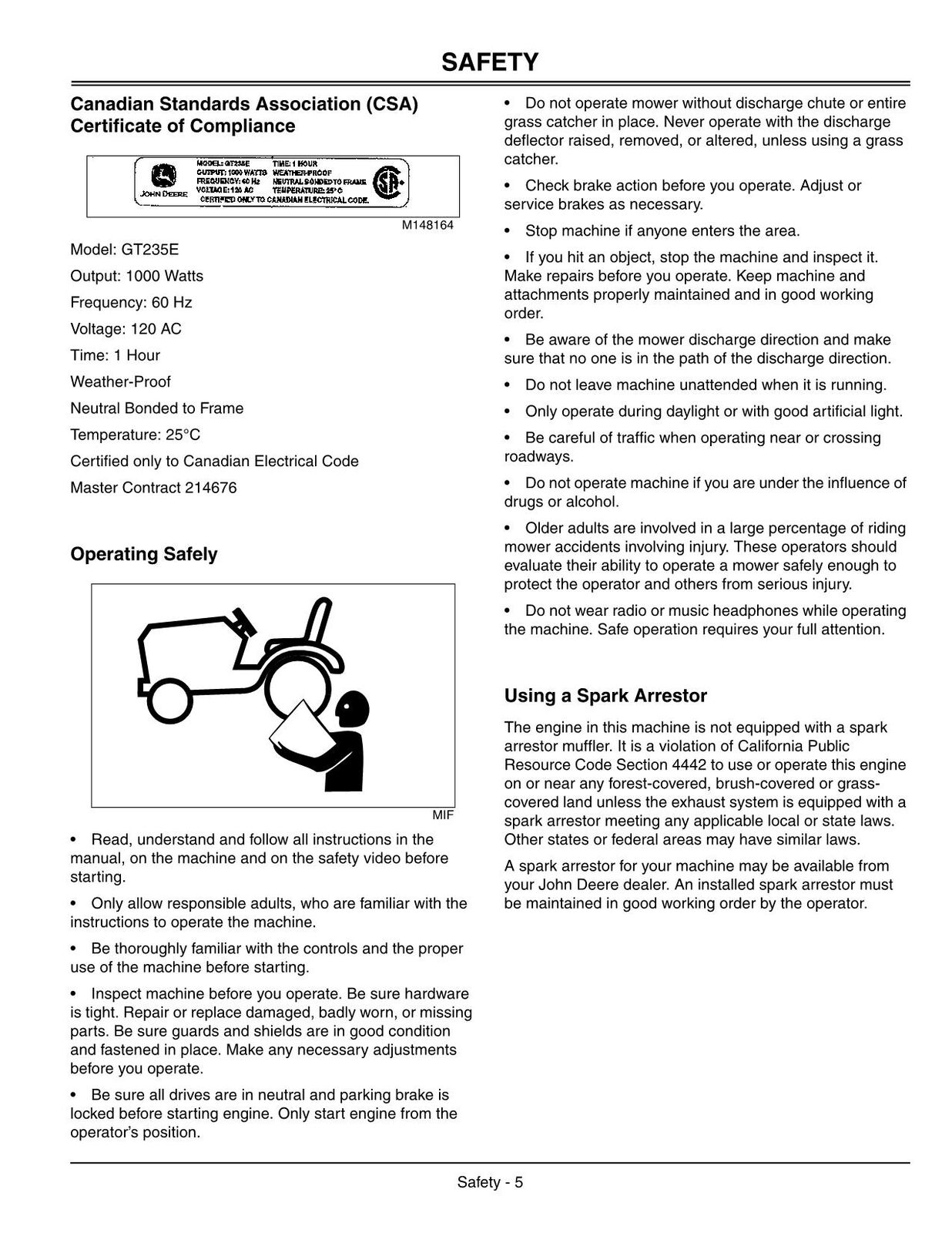 JOHN DEERE GT235E TRACTOR OPERATORS MANUAL