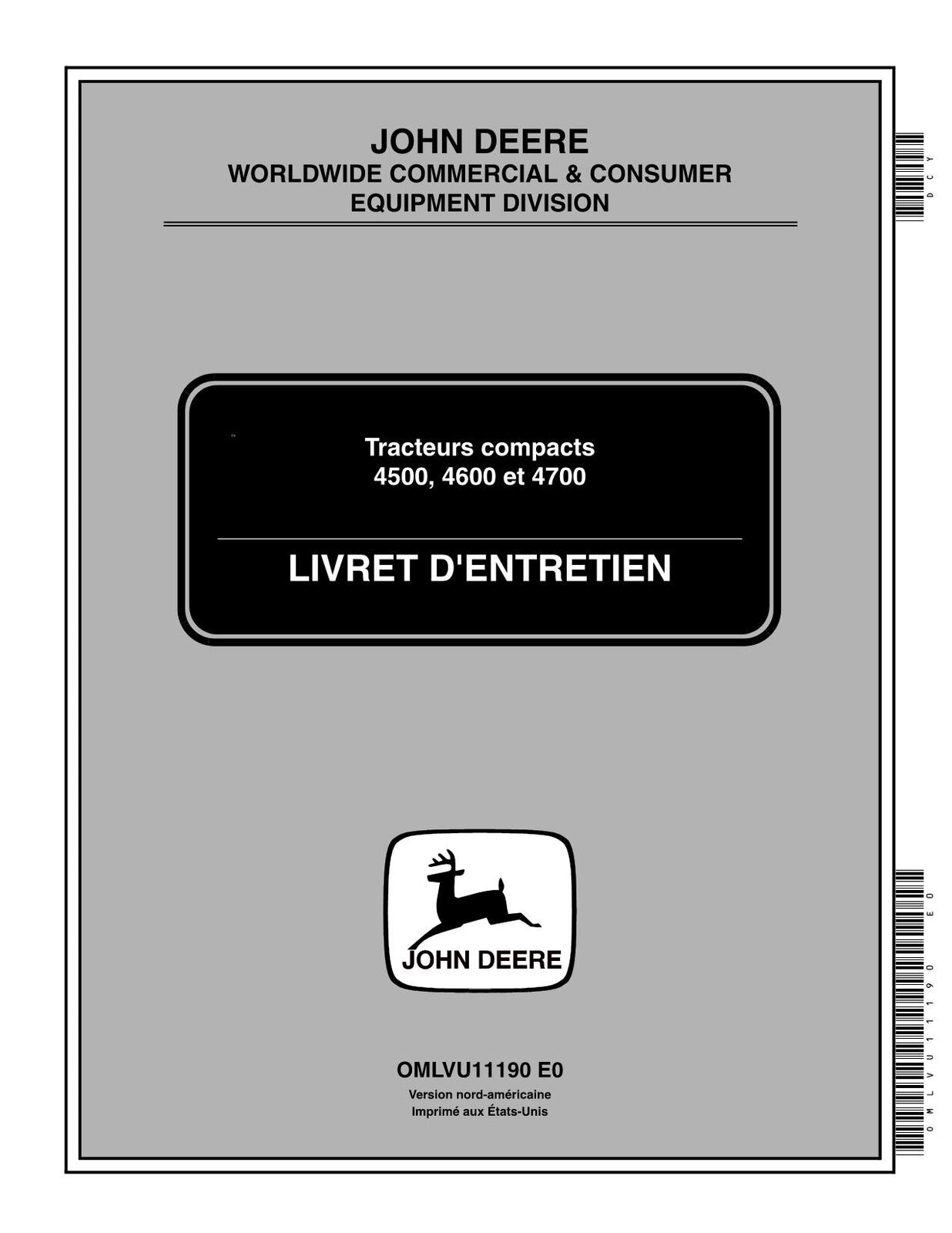 JOHN DEERE 4500 4600 4700 TRACTOR OPERATORS MANUAL FRENCH