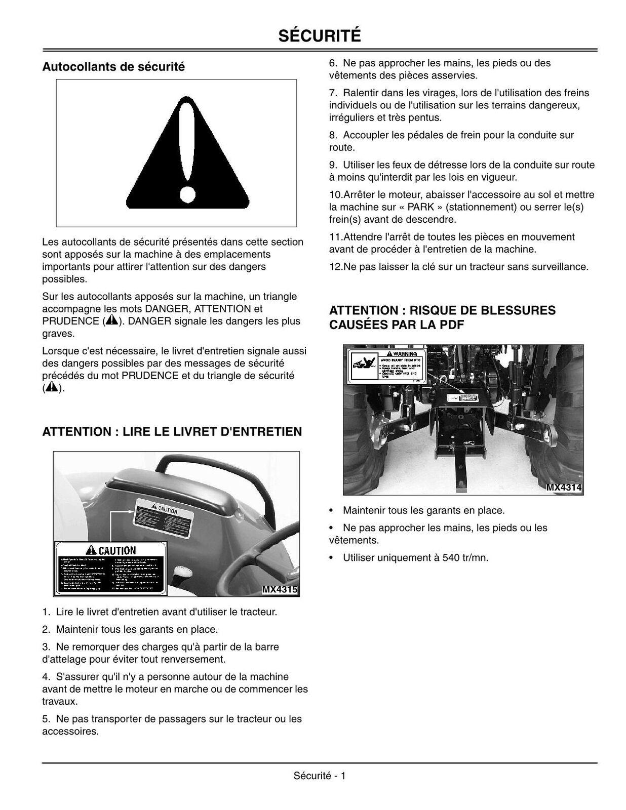 JOHN DEERE 4500 4600 4700 TRACTOR OPERATORS MANUAL FRENCH