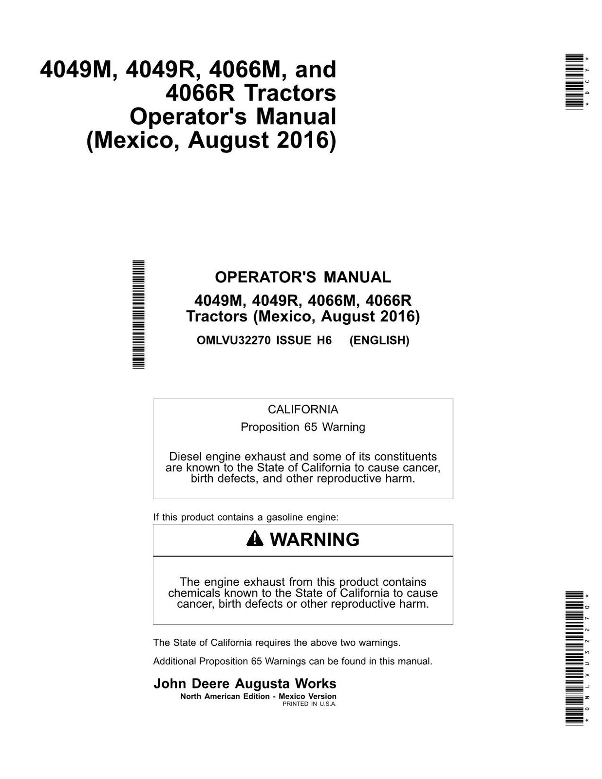 JOHN DEERE 4049M  4049R  4066M  4066R TRACTOR OPERATORS MANUAL