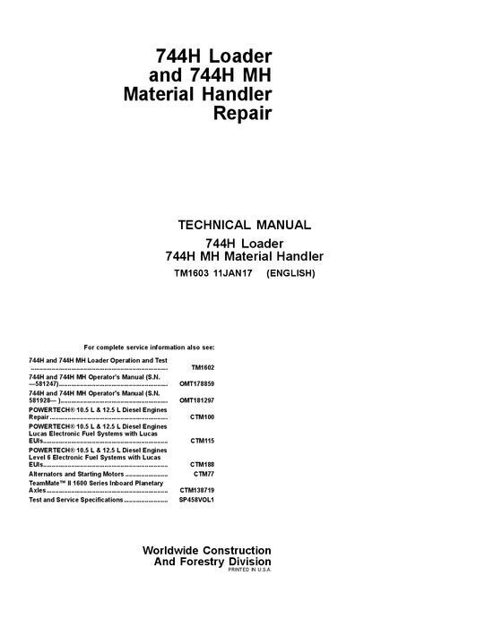 JOHN DEERE 744H 744HMH LOADER REPAIR SERVICE MANUAL