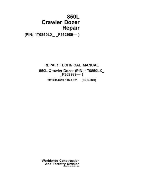 JOHN DEERE 850L CRAWLER DOZER REPAIR SERVICE MANUAL