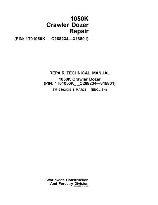 JOHN DEERE 1050K CRAWLER DOZER REPAIR SERVICE MANUAL #1