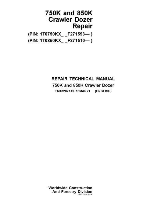 JOHN DEERE 750K 850K CRAWLER DOZER REPAIR SERVICE MANUAL