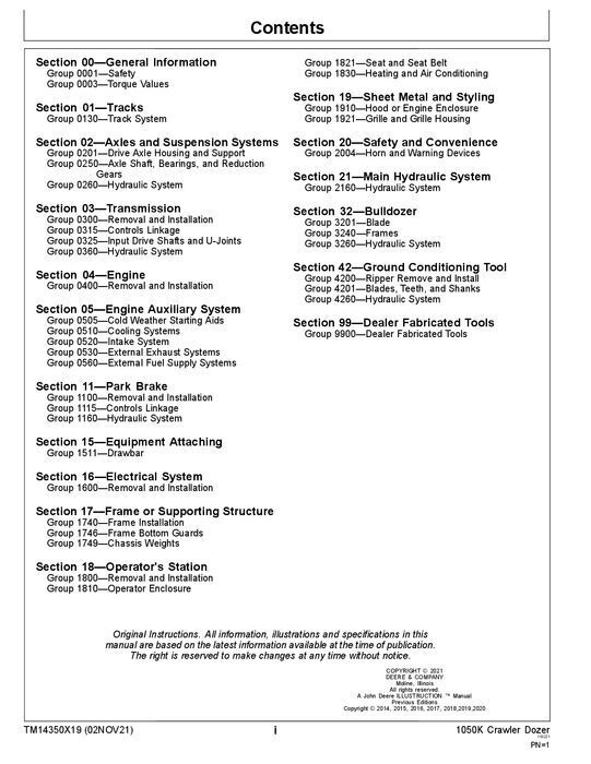 JOHN DEERE 1050K CRAWLER DOZER REPAIR SERVICE TECHNICAL MANUAL TM14350