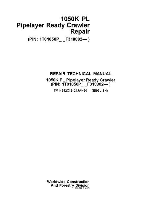 JOHN DEERE 1050K PL CRAWLER DOZER REPAIR SERVICE MANUAL