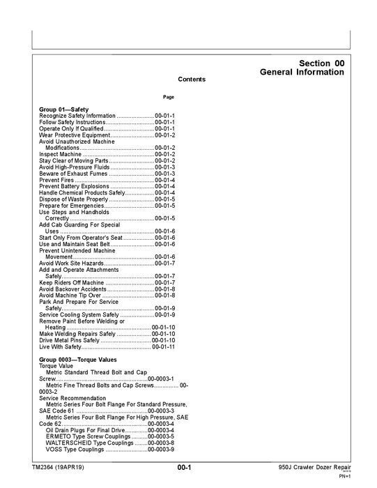 JOHN DEERE 950J CRAWLER DOZER REPAIR SERVICE MANUAL