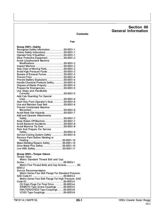 JOHN DEERE 1050J CRAWLER DOZER REPAIR SERVICE TECHNICAL MANUAL TM10114