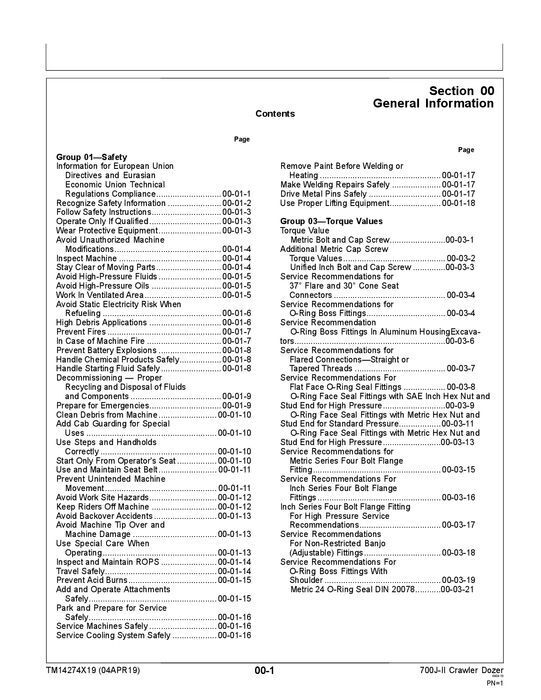 JOHN DEERE 700J II CRAWLER DOZER REPAIR SERVICE TECHNICAL MANUAL TM14274