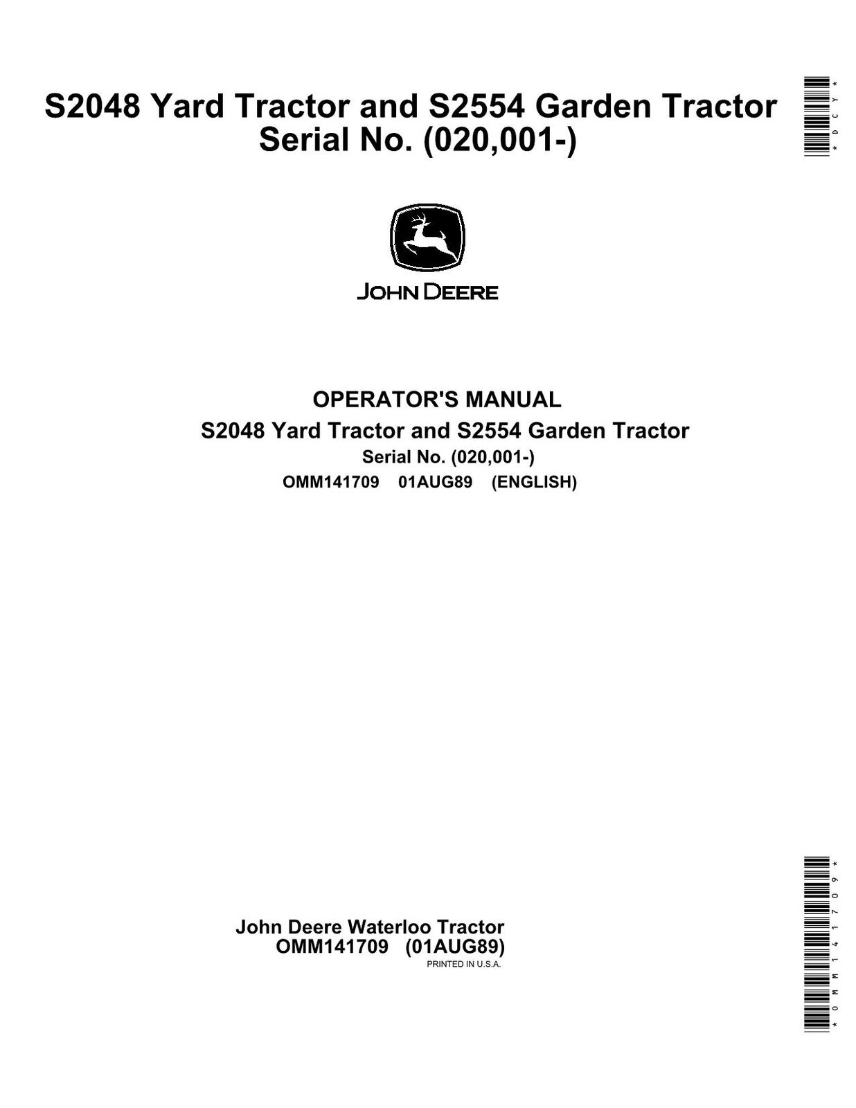 JOHN DEERE S2048 TRACTOR OPERATORS MANUAL