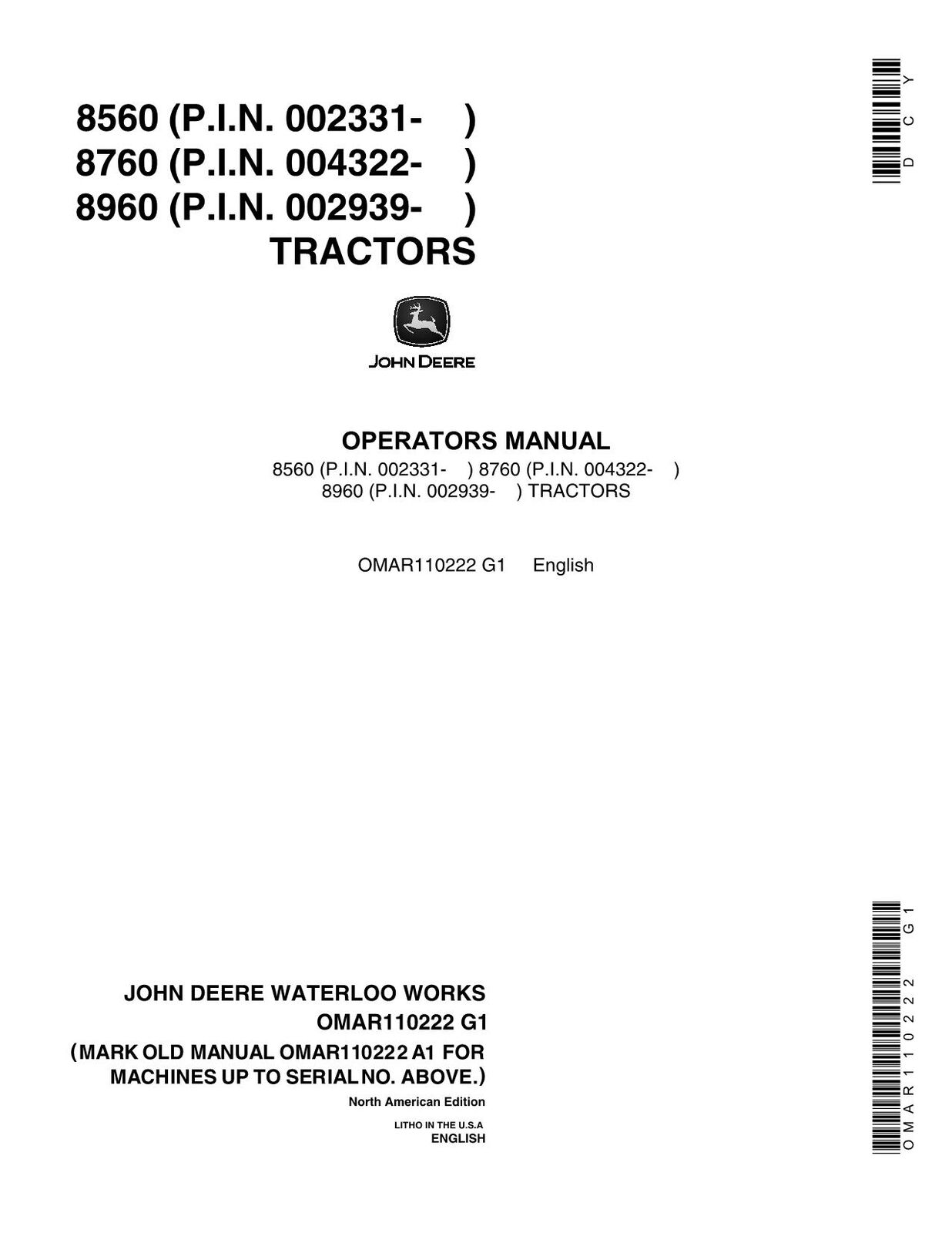 JOHN DEERE 8560 8760 8960 TRAKTOR-BETRIEBSHANDBUCH Nr. 3