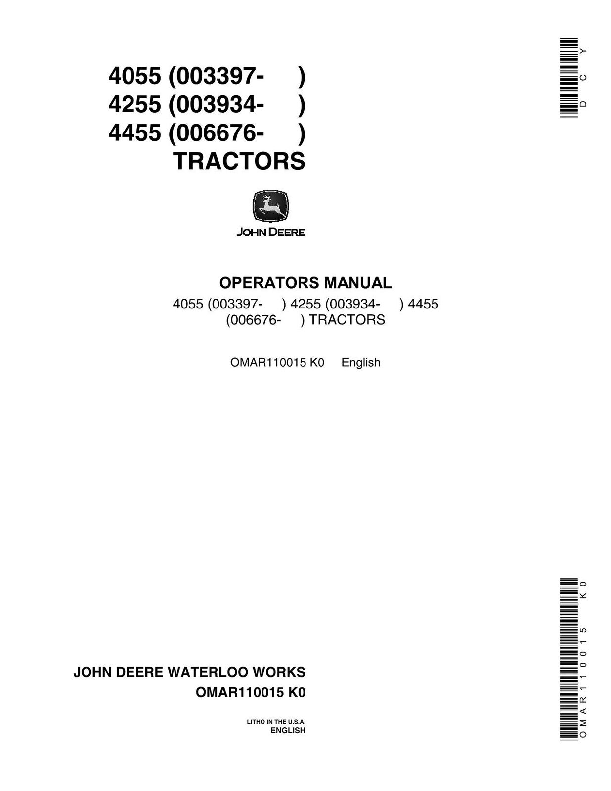 JOHN DEERE 4255 4455 4055 TRAKTOR-BETRIEBSHANDBUCH Nr. 2