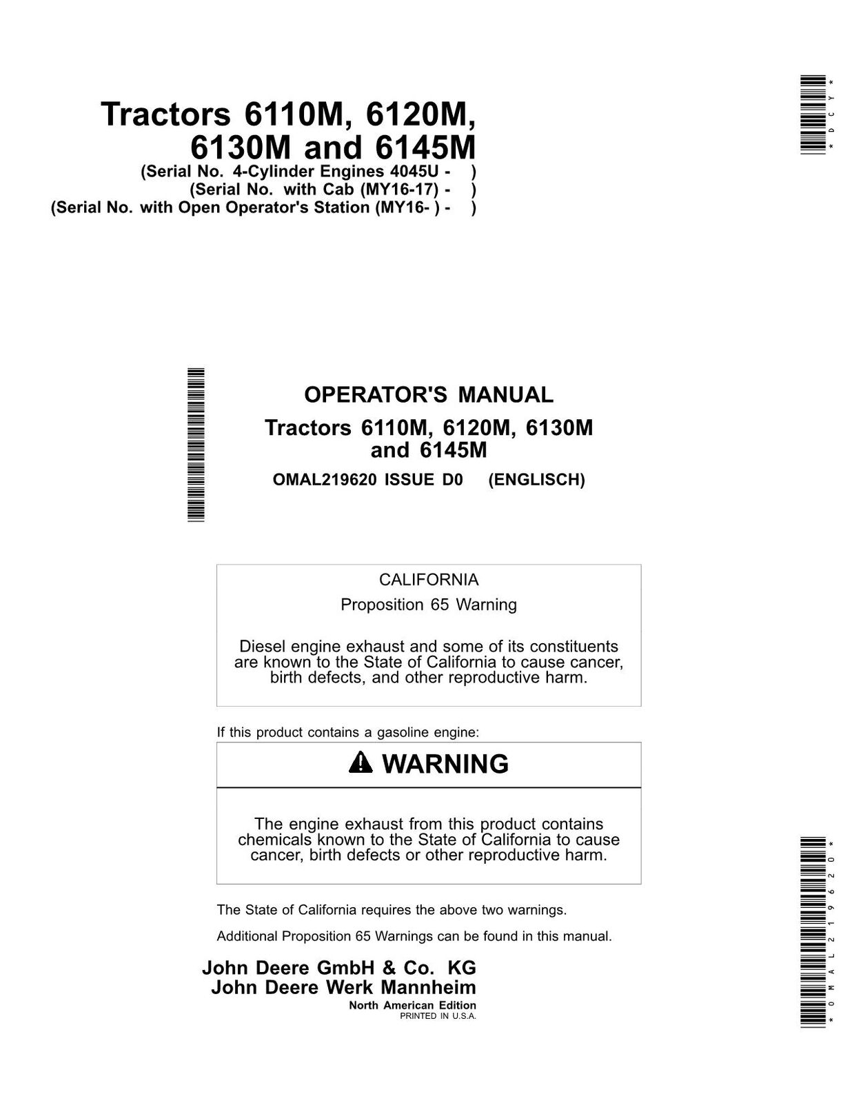 JOHN DEERE 6110M  6120M  6130M  6145M TRACTOR OPERATORS MANUAL #1