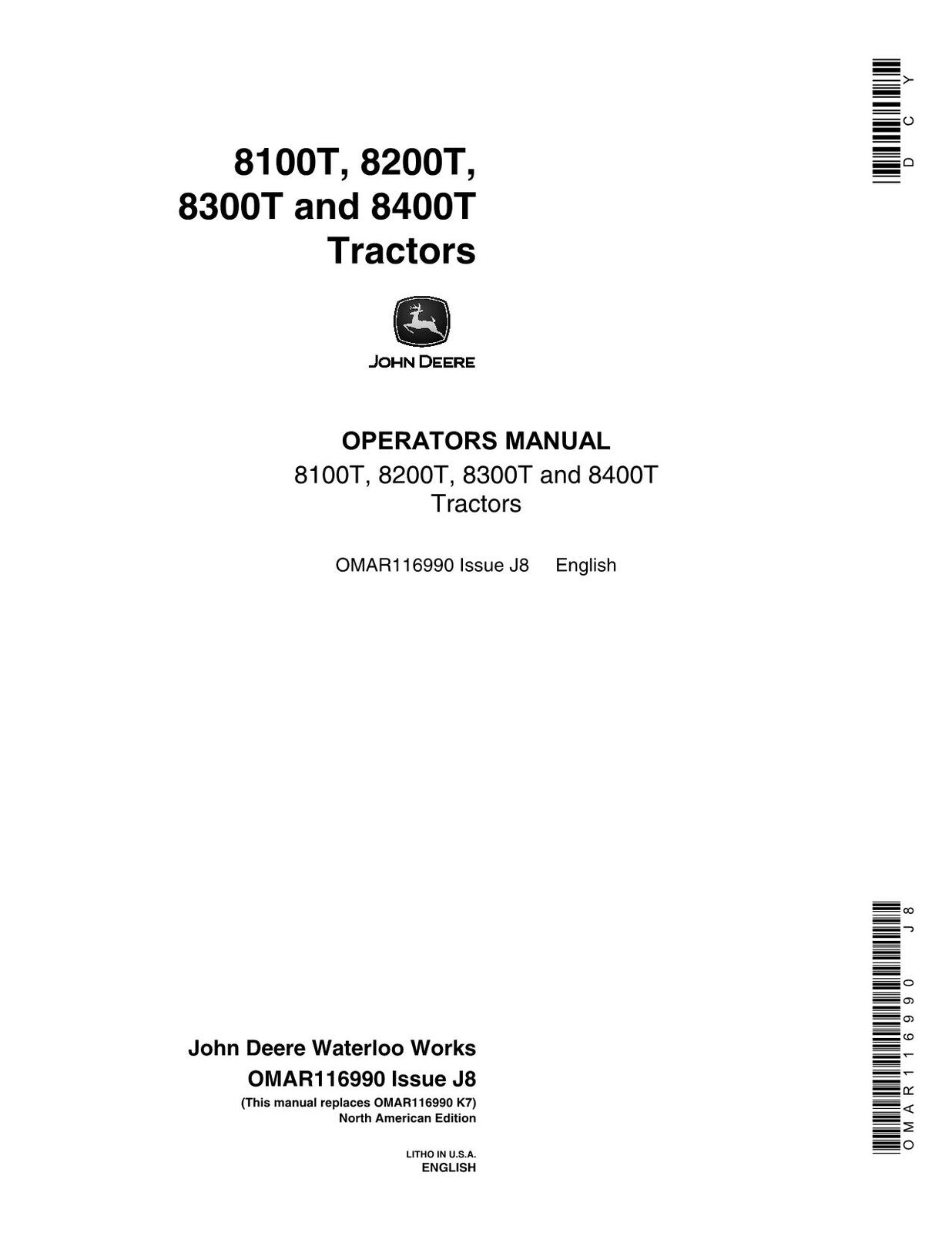 JOHN DEERE 8100T 8200T 8300T 8400T TRACTOR OPERATORS MANUAL