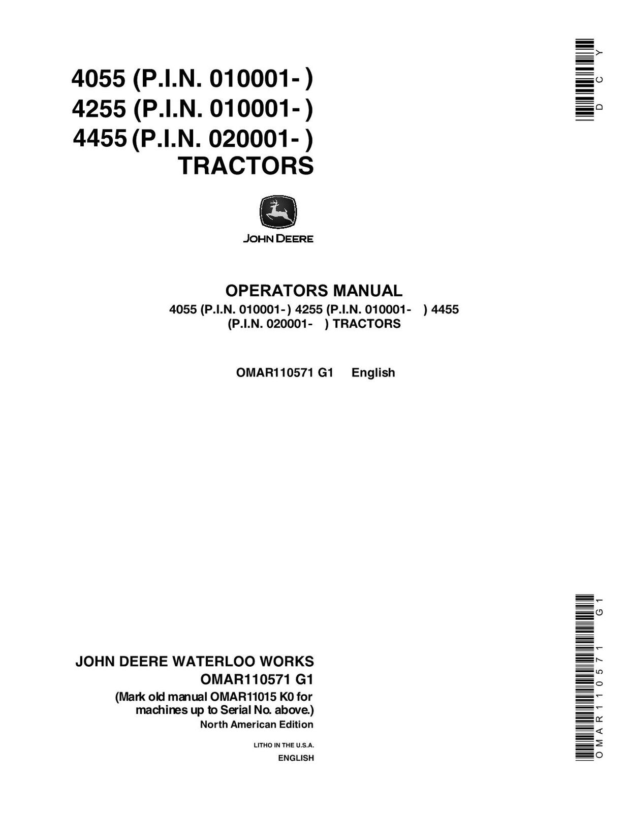 JOHN DEERE 4055 4255 4455 TRACTOR OPERATORS MANUAL