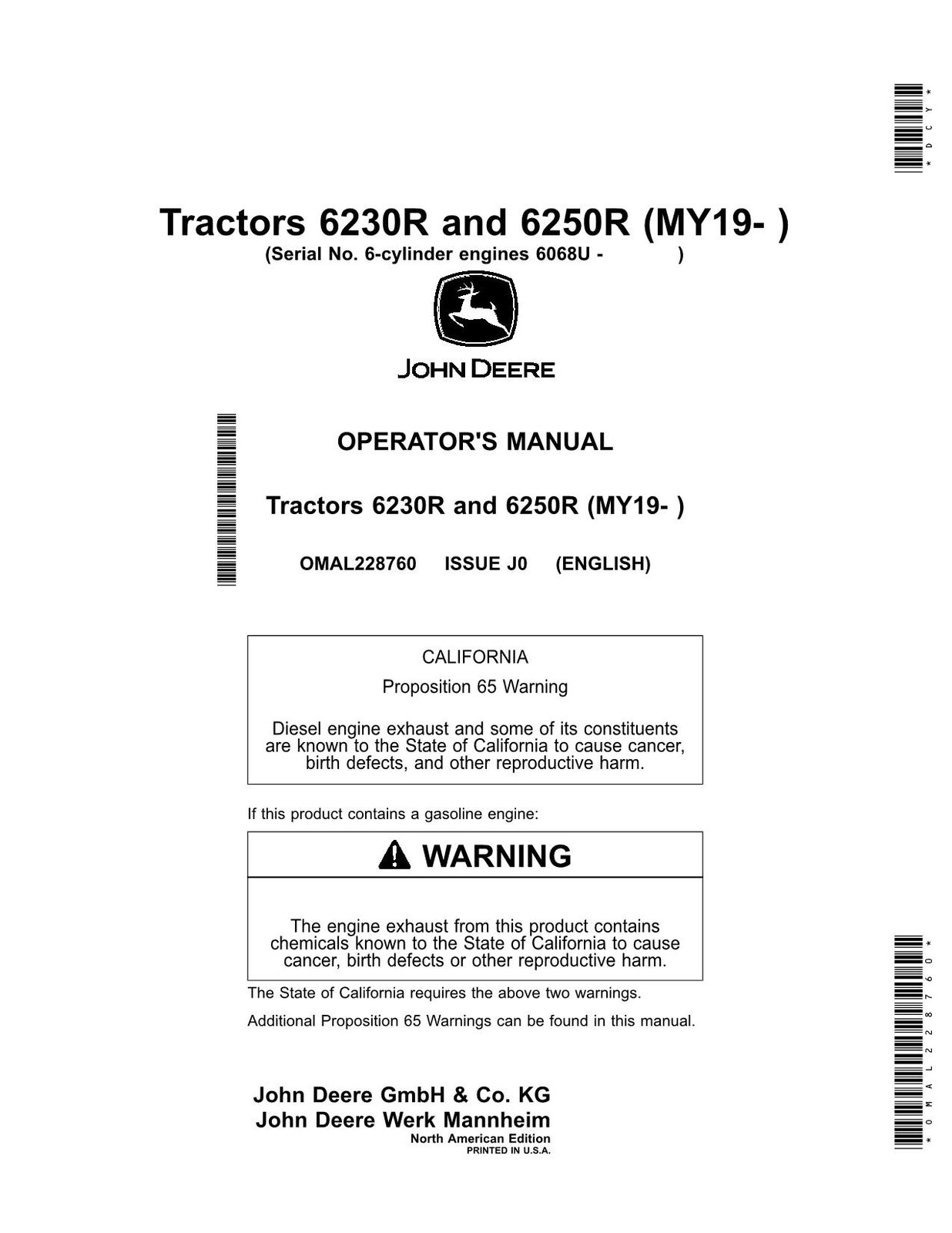 JOHN DEERE 6230R  6250R TRACTOR OPERATORS MANUAL