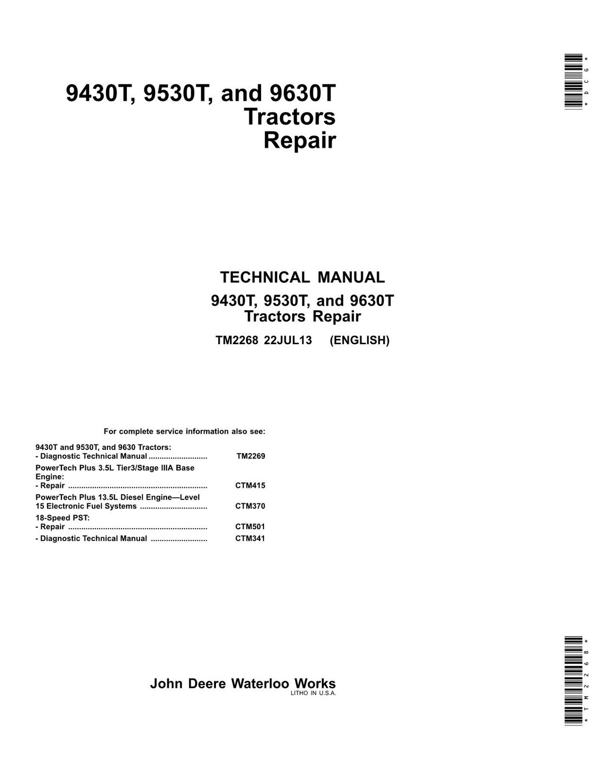 JOHN DEERE 9530T 9630T 9430T TRACTOR SERVICE MANUAL