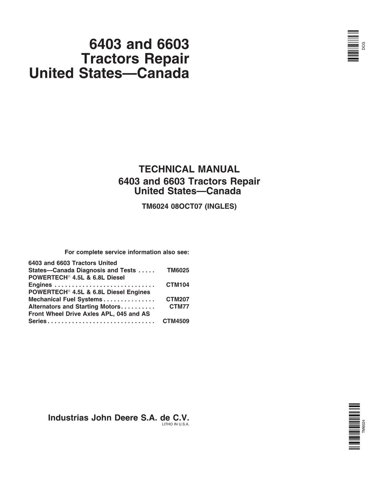 JOHN DEERE 6403 6603 TRACTOR SERVICE MANUAL #1