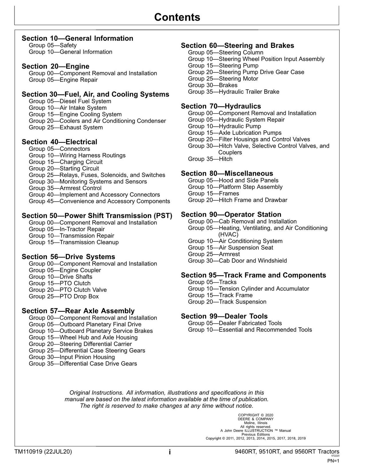 JOHN DEERE 9460RT 9510RT 9560RT 9RT TRACTOR REPAIR SERVICE MANUAL TM110919