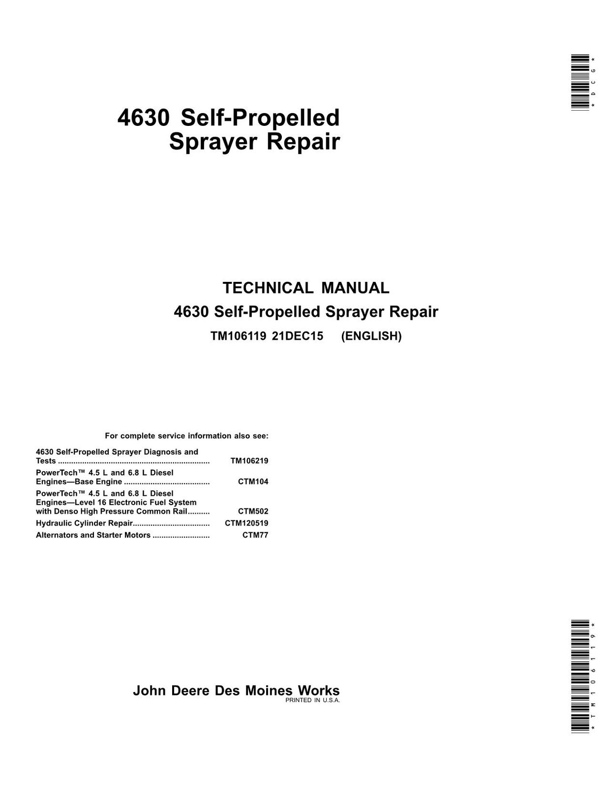 JOHN DEERE 4630 4630 (WP-2271) SPRAYER SERVICE MANUAL