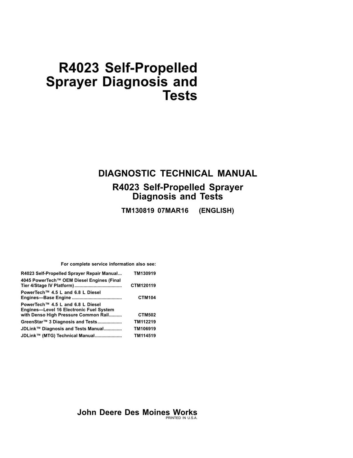 JOHN DEERE R4023 SPRAYER SERVICE MANUAL