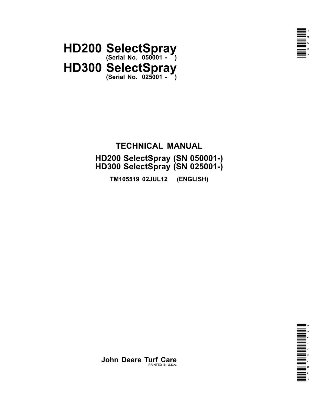 JOHN DEERE HD200 HD300 SPRAYER SERVICE MANUAL