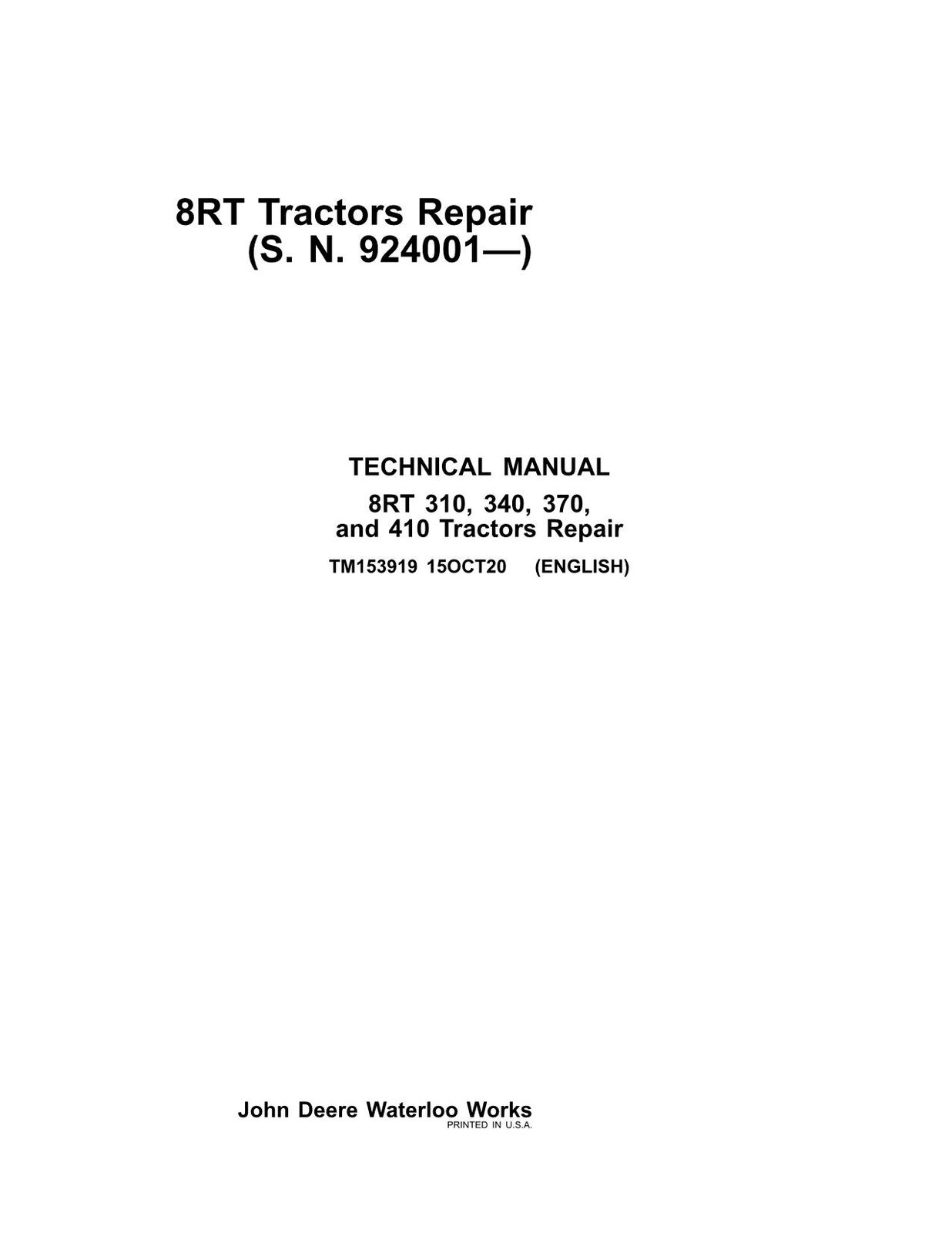 JOHN DEERE 8RT 310 340 370 410 TRACTOR REPAIR SERVICE MANUAL