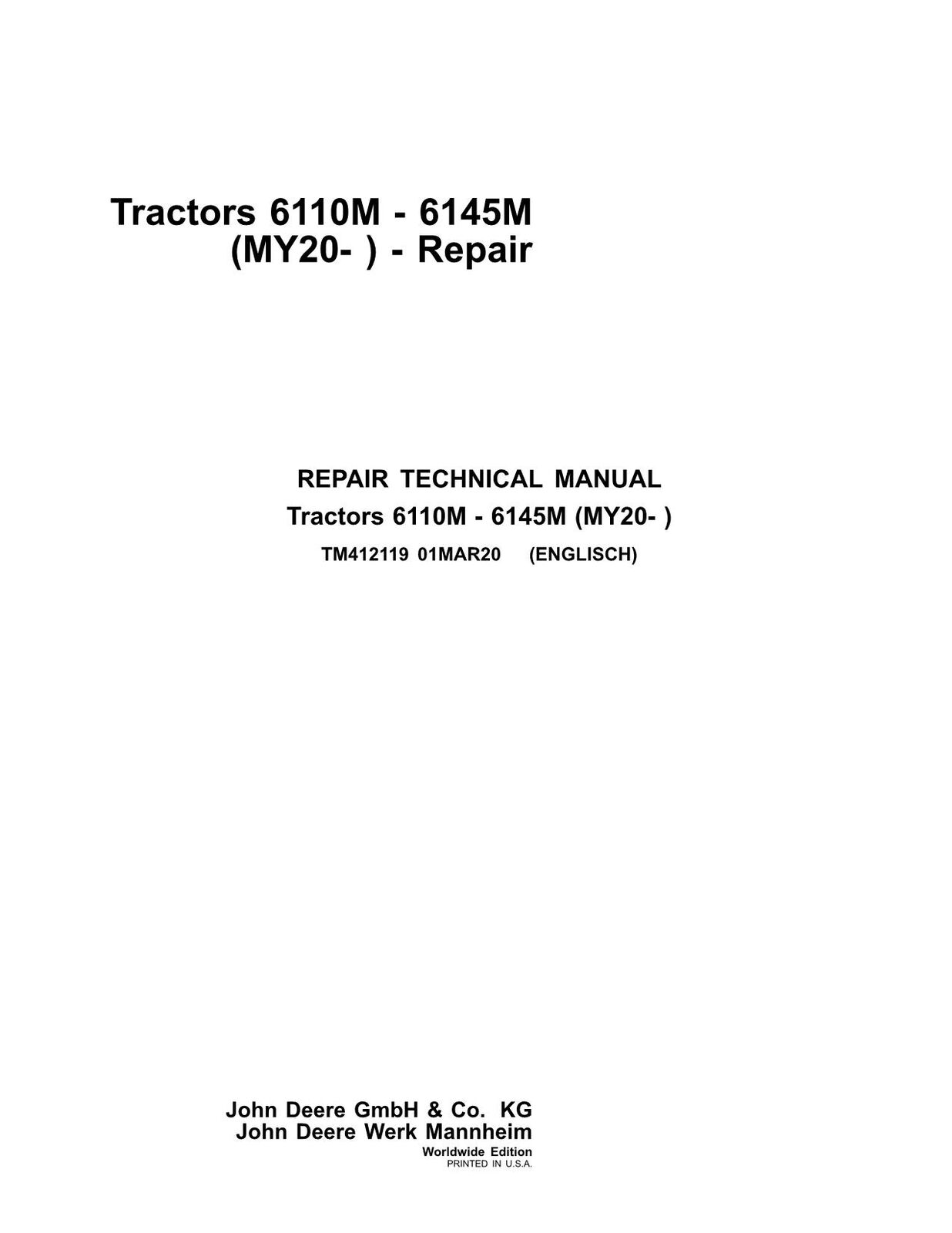 JOHN DEERE 6110M 6125M 6130M 6140M 6145M TRACTOR REPAIR SERVICE MANUAL