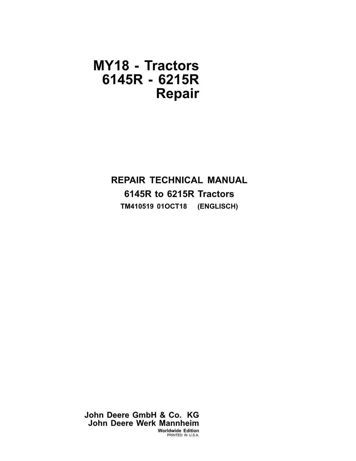 JOHN DEERE 6145R 6155R 6155RH 6175R 6195R 6215R TRACTOR REPAIR SERVICE MANUAL #2