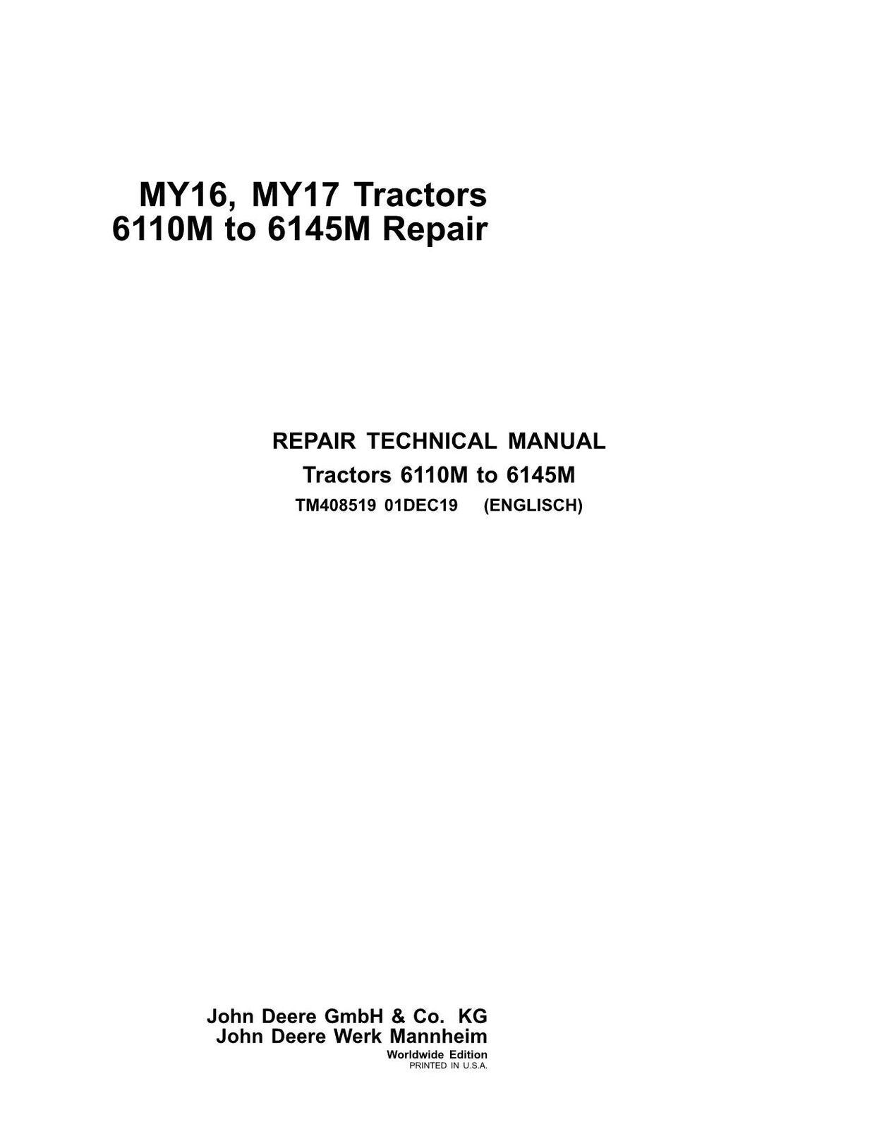 JOHN DEERE 6110M 6120M 6130M 6135M 6140M 6145M TRACTOR REPAIR SERVICE MANUAL