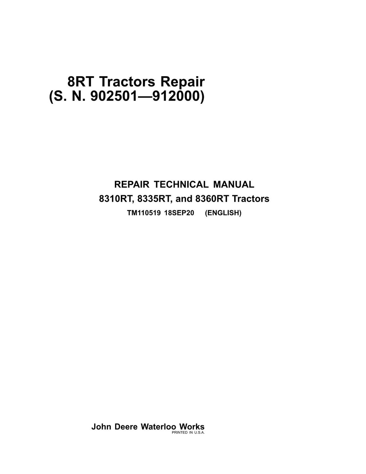 JOHN DEERE 8360RT 8310RT 8335RT TRACTOR REPAIR SERVICE MANUAL