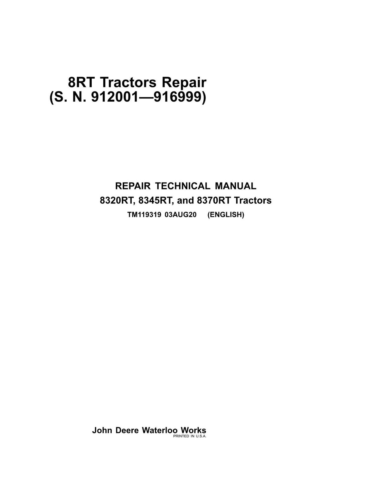 JOHN DEERE 8320RT 8345RT 8370RT TRACTOR REPAIR SERVICE MANUAL #2