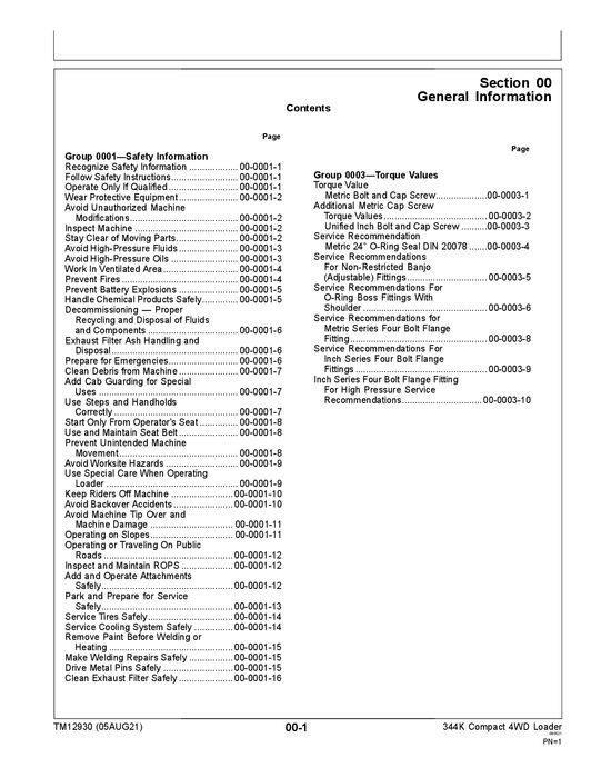 JOHN DEERE 344K LOADER REPAIR SERVICE TECHNICAL MANUAL TM12930