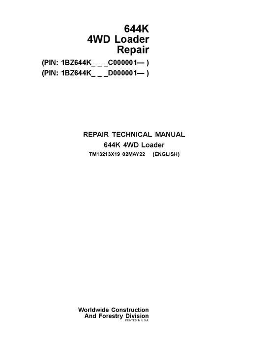 JOHN DEERE 644K LOADER REPAIR SERVICE MANUAL #6