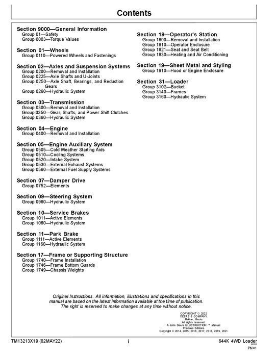 JOHN DEERE 644K LOADER REPAIR SERVICE TECHNICAL MANUAL TM13213X19