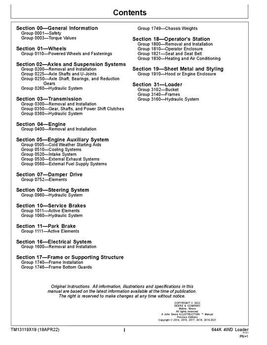 JOHN DEERE 644K LOADER REPAIR SERVICE TECHNICAL MANUAL TM13119X19