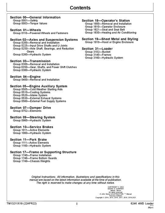 JOHN DEERE 624K LOADER REPAIR SERVICE TECHNICAL MANUAL TM13211X19