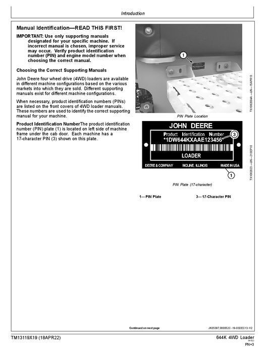 JOHN DEERE 644K LOADER REPAIR SERVICE TECHNICAL MANUAL TM13119X19