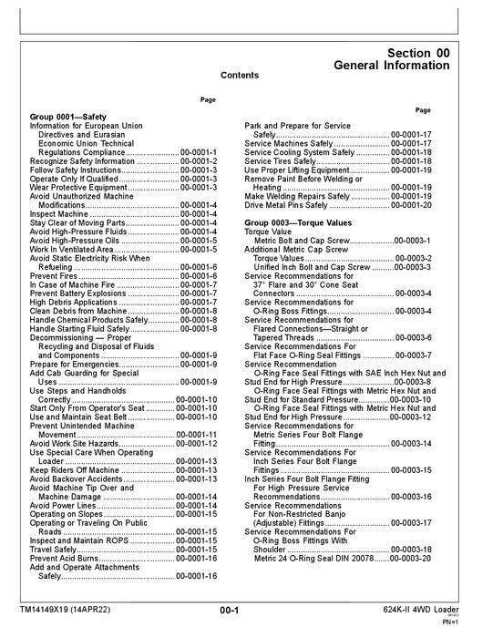 JOHN DEERE 624K LOADER REPAIR SERVICE TECHNICAL MANUAL TM14149X19