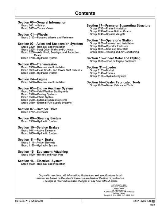 JOHN DEERE 444K LOADER REPAIR SERVICE TECHNICAL MANUAL TM13367X19